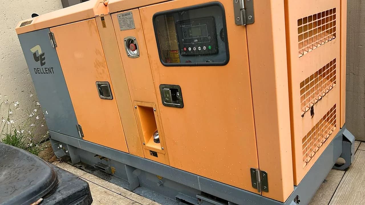 Orange Dellent silent diesel generator with its controller window and grey base frame